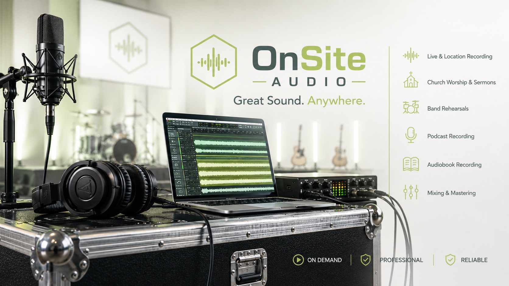 OnSite Audio mobile recording setup with microphone, headphones, laptop, and mixing gear